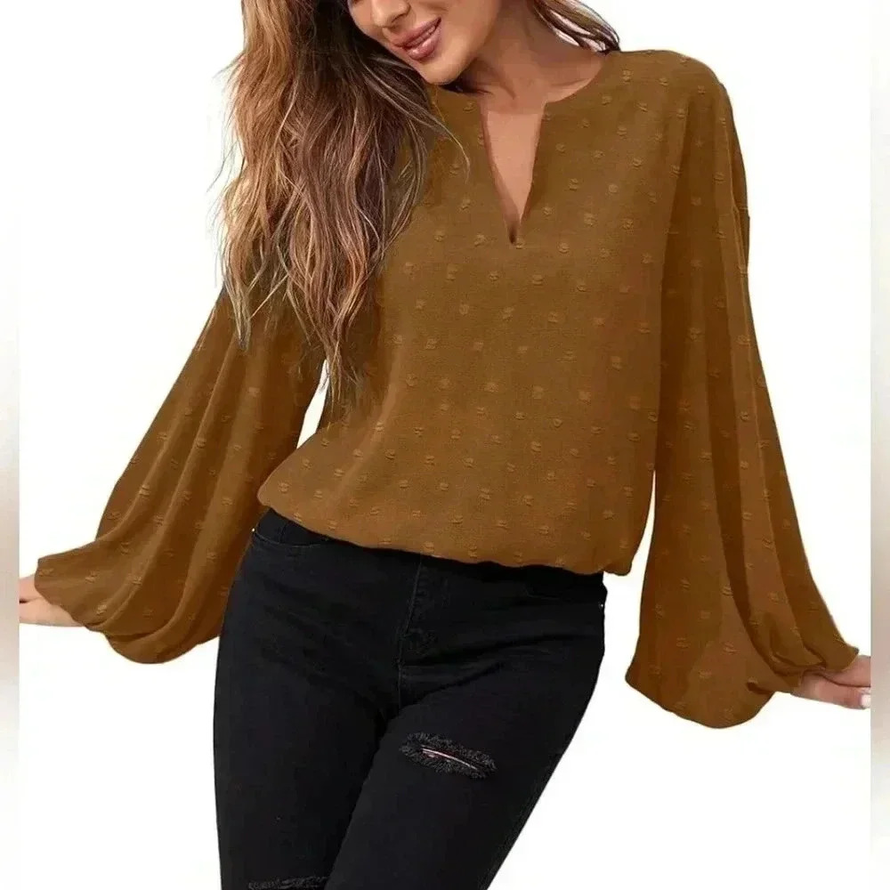 Brown Swiss Dot Blouse Bell Long Sleeve V Neck Casual Top Small NWT‎